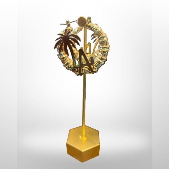 NEW 2.5” (Medium) 14k GOLD PLATED "CITY" LOGO BAMBOO HOOP EARRINGS - Picture 4 of 6